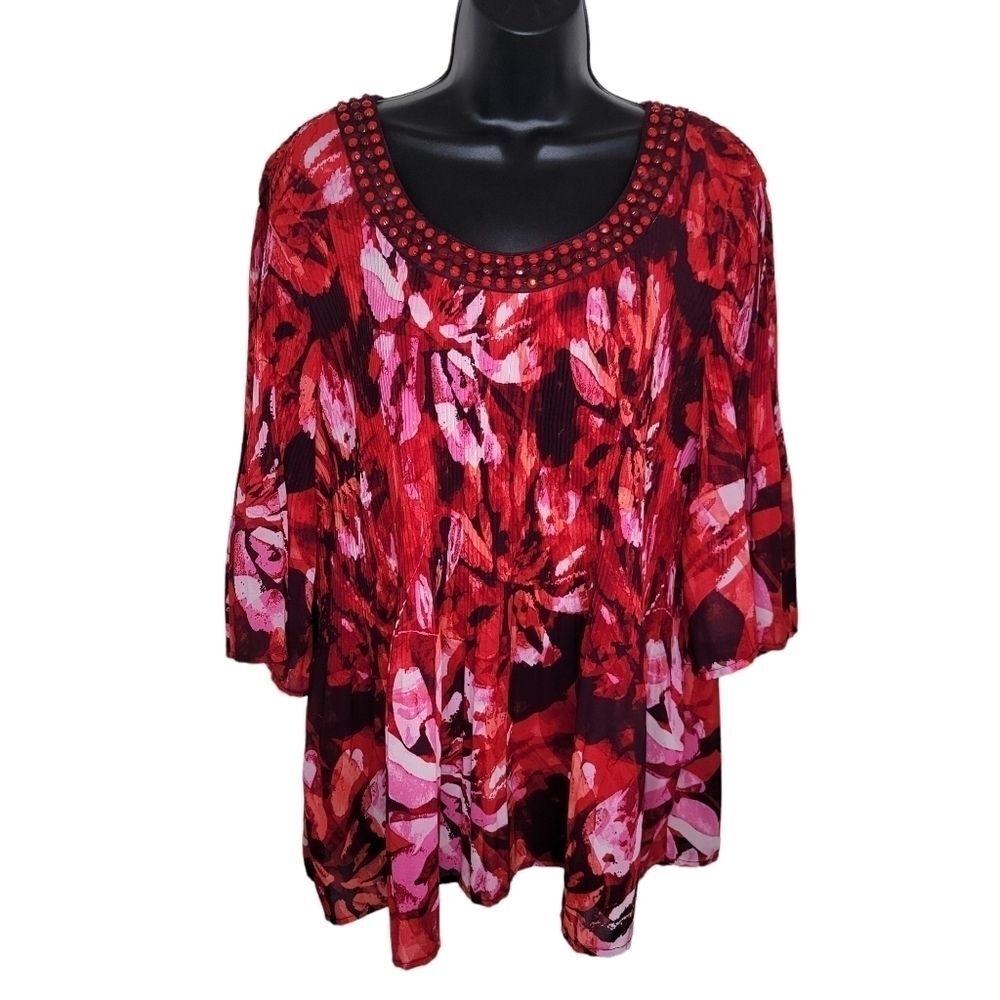 Catherines broomstick red floral beaded blouse top 1xwp (18/20wp)